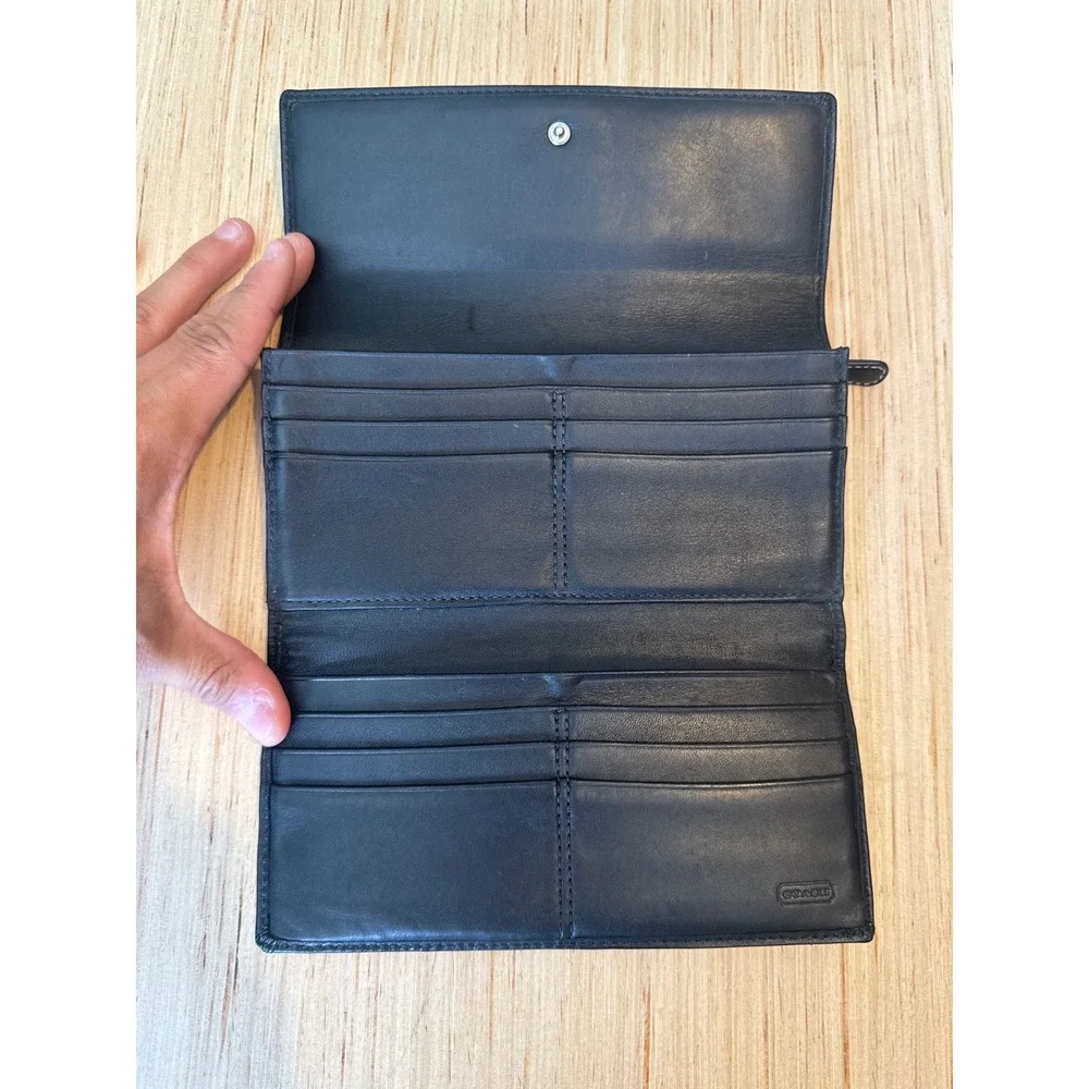 Coach Signature Jacquard Slim Envelope Wallet Black Grey Leather Trim Long 41